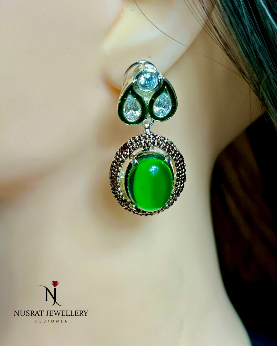 EMERALD SILVER EARRINGS WITH KUNDAN