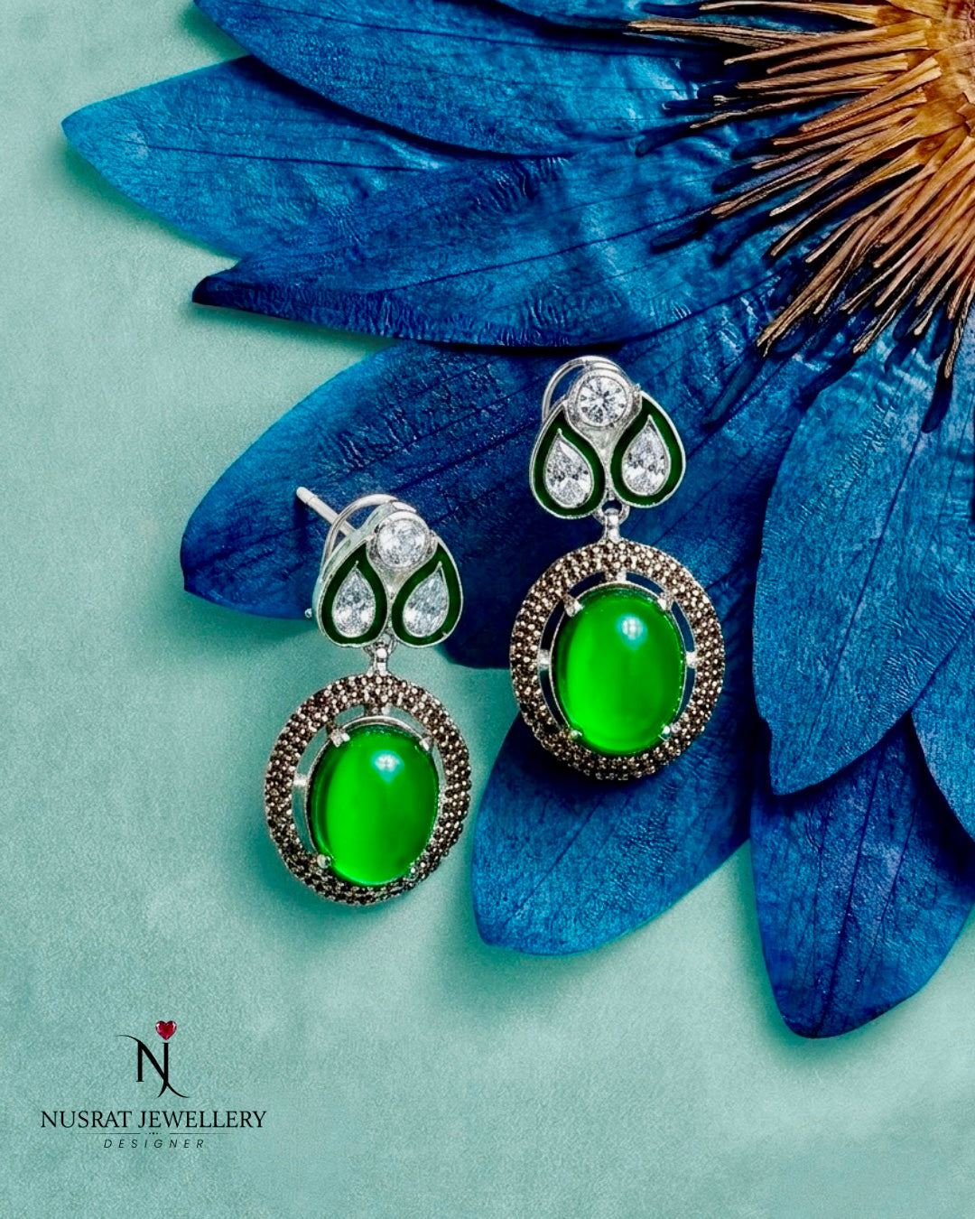 EMERALD SILVER EARRINGS WITH KUNDAN