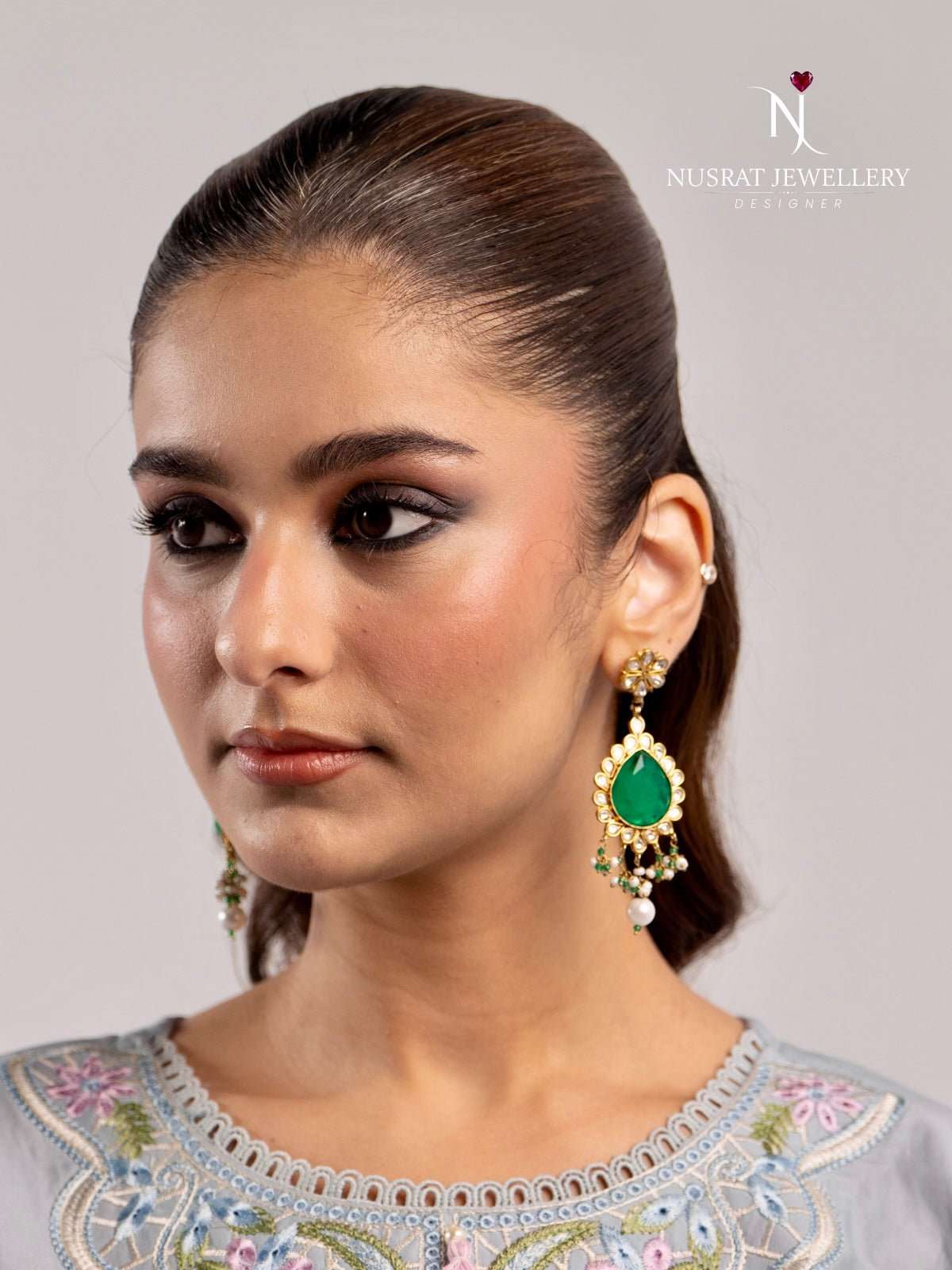 Earrings Kundan Emerald motia - Nusrat Jewellery