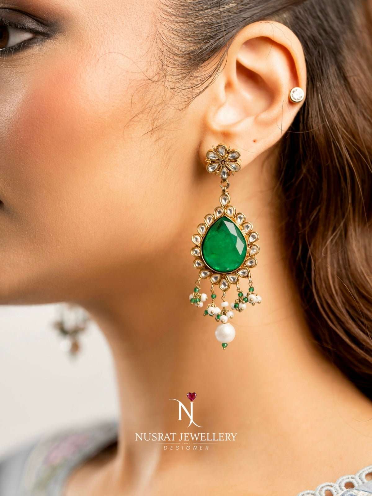 Earrings Kundan Emerald motia - Nusrat Jewellery