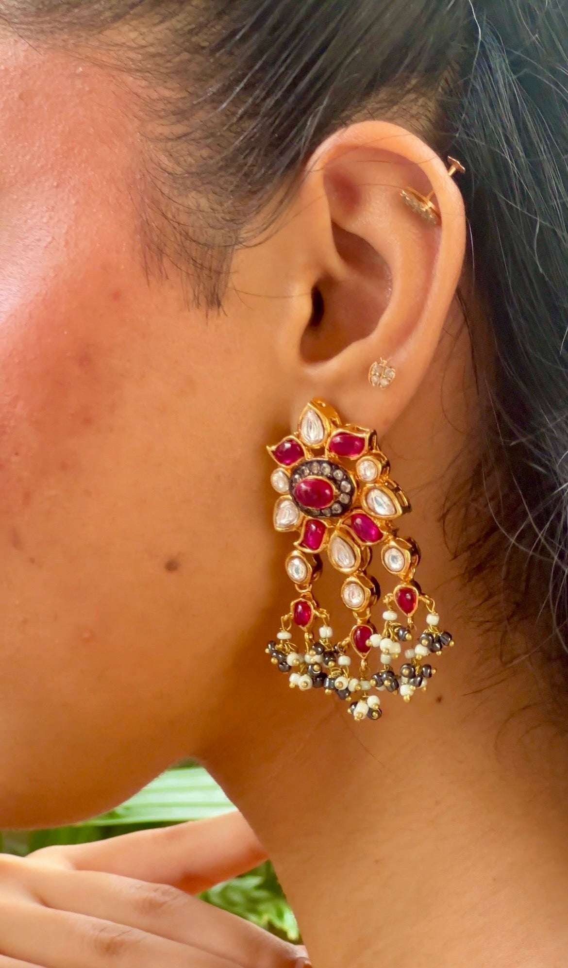 Earrings Ruby Kundan Dimond Polki Cut Stone - Nusrat Jewellery