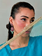 Earrings Ruby Silver With Emerald Drop - Nusrat Jewellery