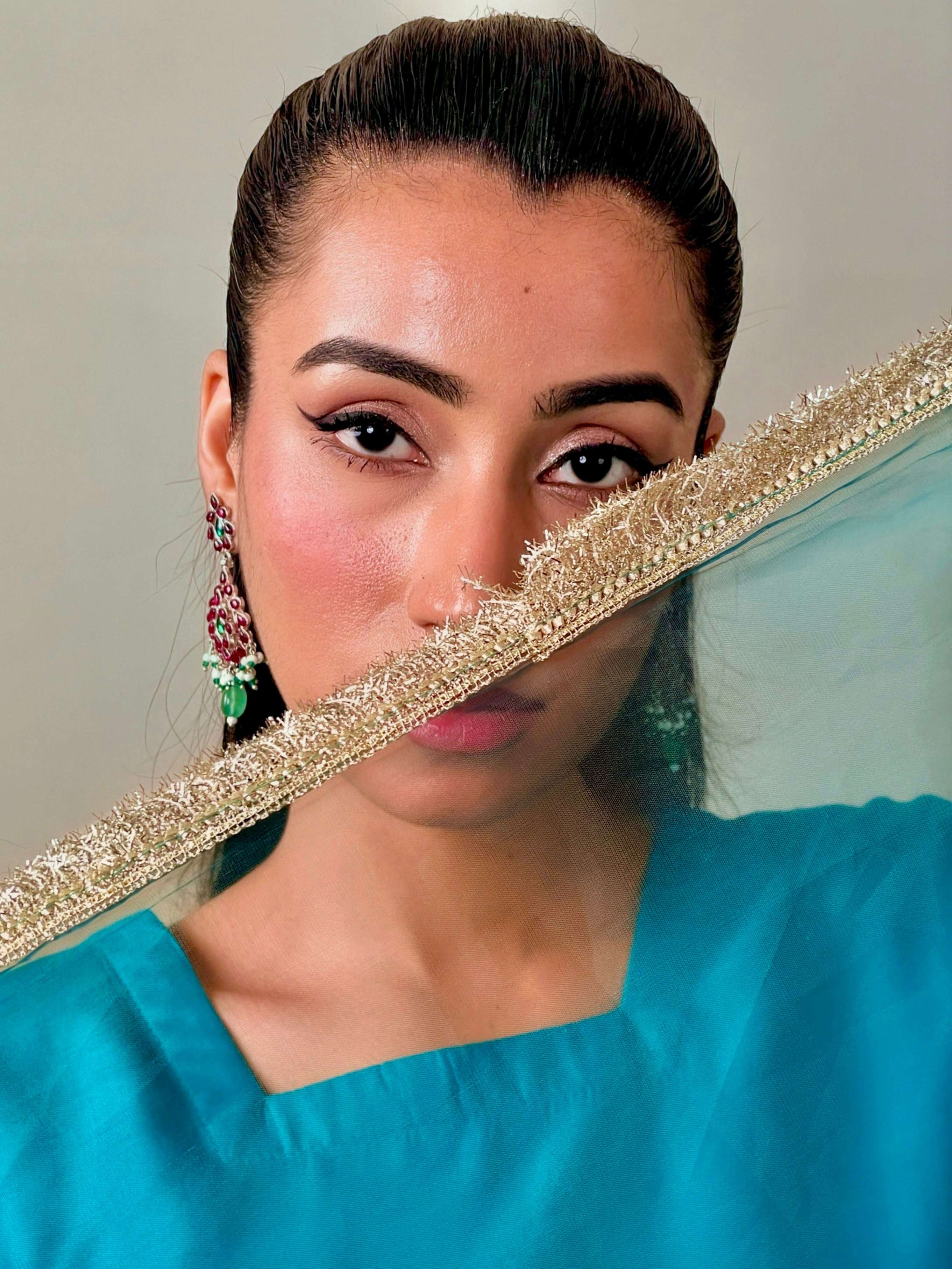 Earrings Ruby Silver With Emerald Drop - Nusrat Jewellery