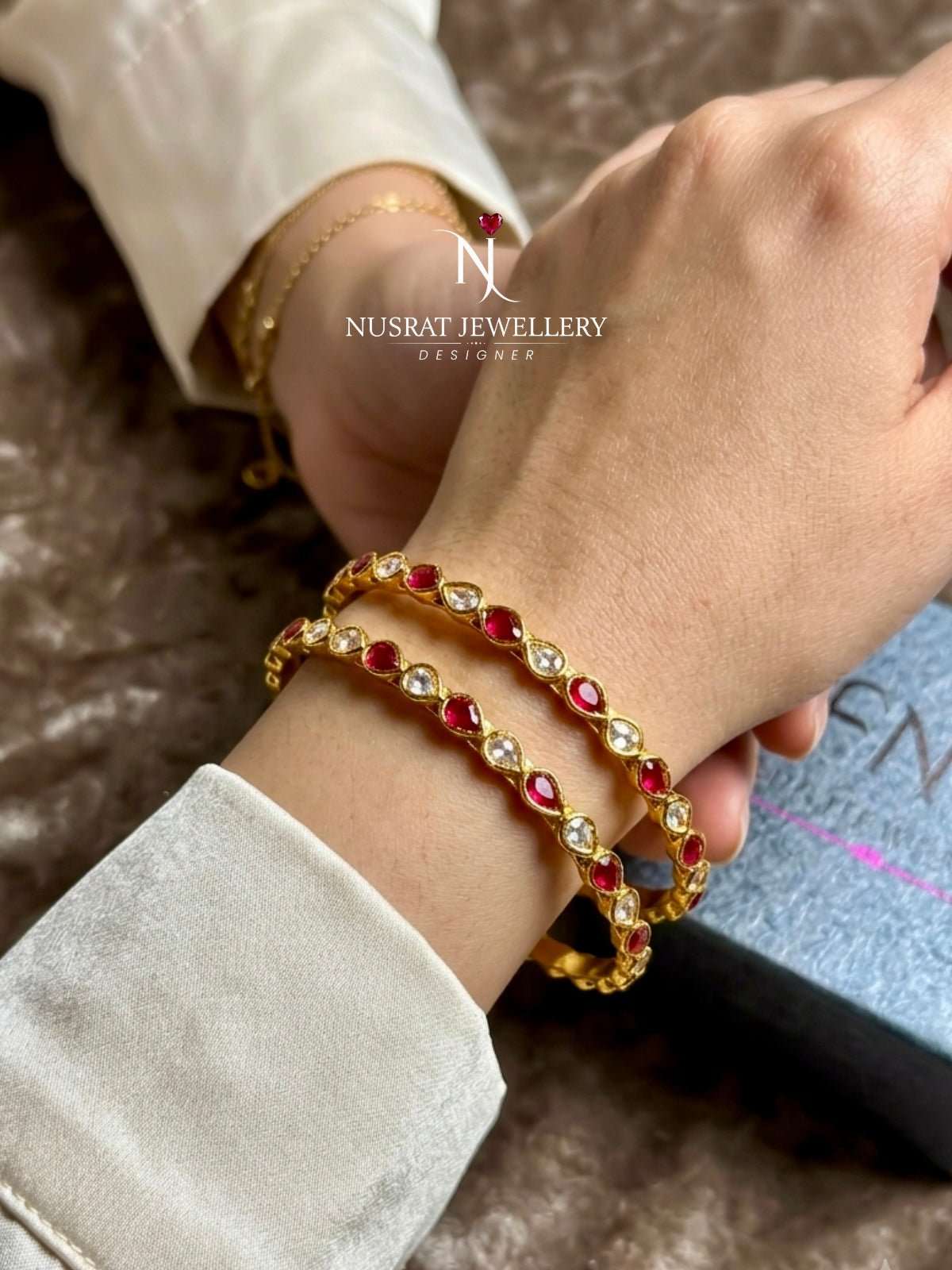 GOLD TONE SLIME TWO KUNDAN BANGLES - Nusrat Jewellery