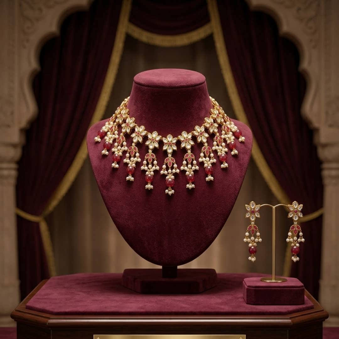 Ruby Kundan Set with Moti vs Ruby Beads - Nusrat Jewellery